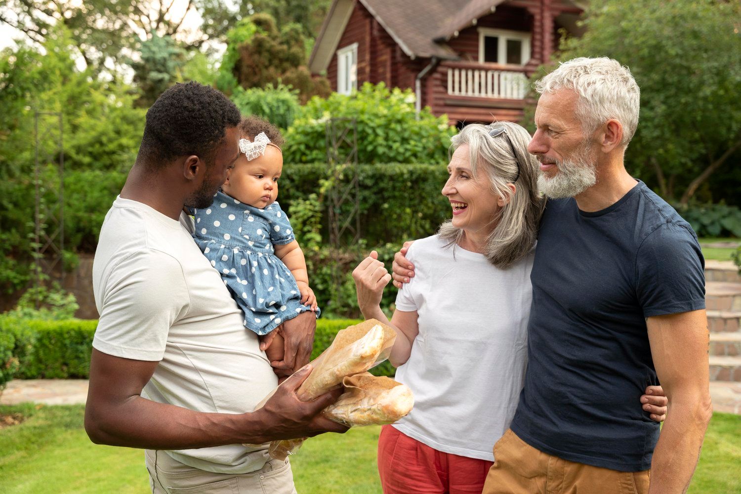 A multi-generational family with a Black man holding a baby, standing next to an older white couple in a garden setting.