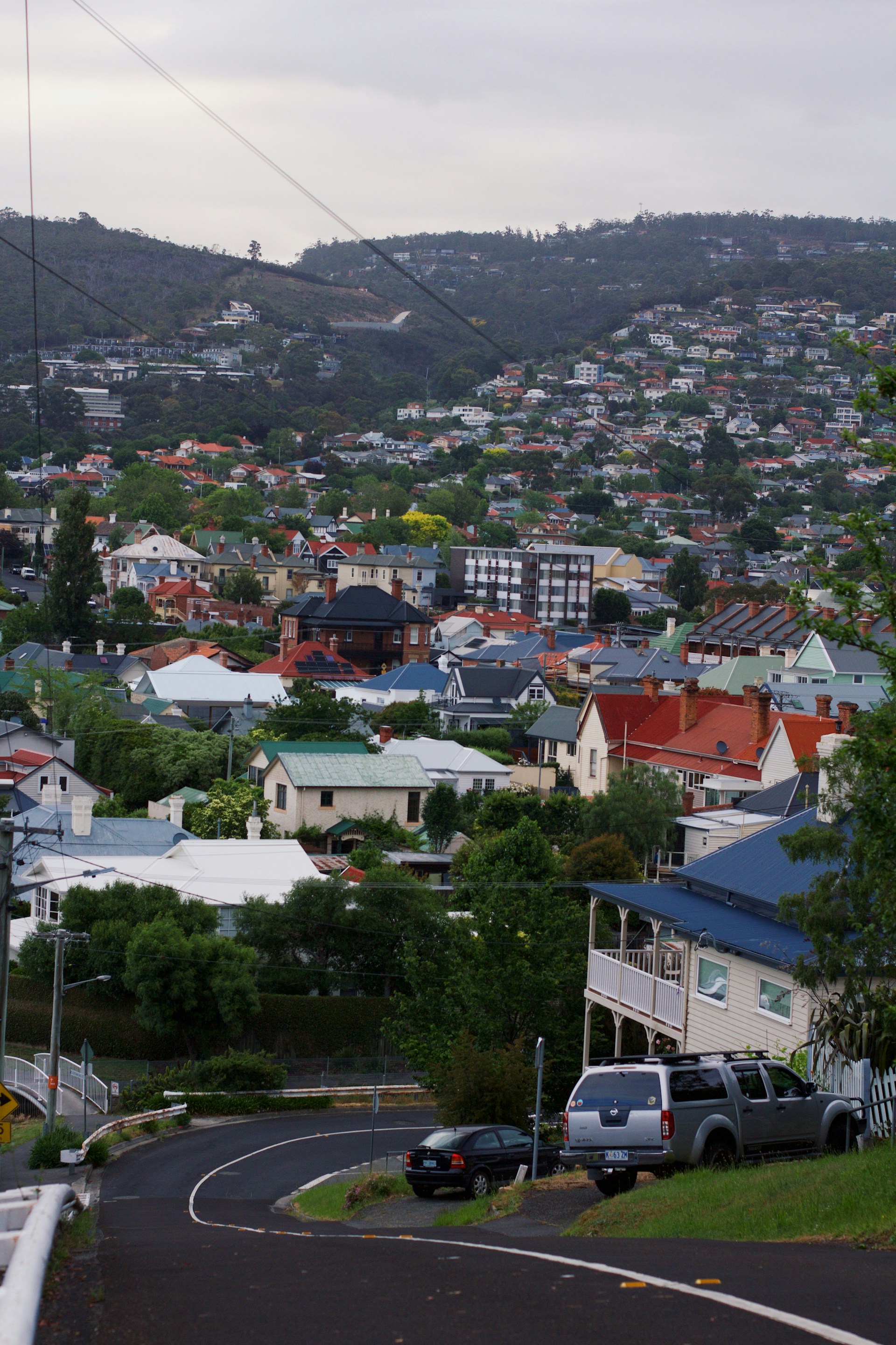 View over a Tasmanian city with a hill in the background